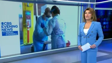 Veronica beard Blue Peak-Lapel Jack­et worn by Norah O'Donnell on CBS Evening News March 11, 2020