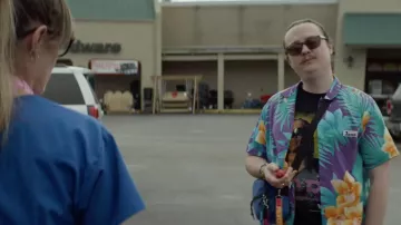 Jams World Floral printed hawaiian shirt worn by Swin (Clark Duke) in Arkansas