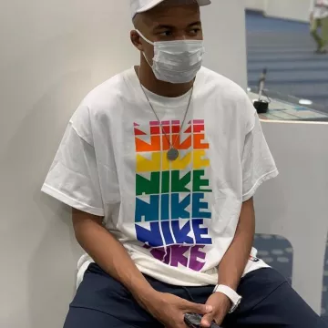 Nike BE TRUE Rainbow white t-shirt worn by Kylian Mbappé on his Instagram account @k.mbappe