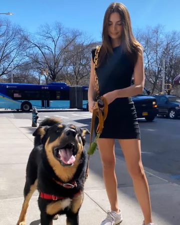 Vestido de Reformation Rumi usado por Emily Ratajkowski paseando a su perro 9 de marzo de 2020