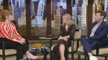 Ba&sh Se­le­na Ze­bra-Stripe Wrap Dress worn by Kelly Ripa on LIVE with Kelly and Ryan March 16, 2020