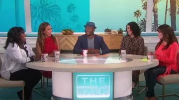 Ramy Brook Bel­la Blou­son Hal­ter Dress worn by Carrie Ann Inaba on The Talk March 13, 2020