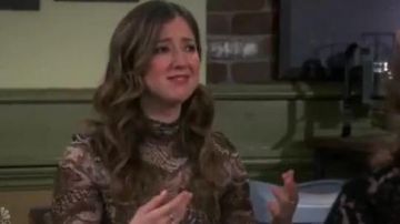 Print Mesh Turtle­neck Top worn by Joanna (Jessy Hodges) in Indebted Season 1 Episode 7