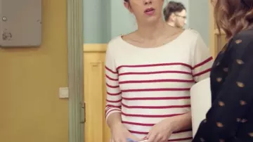 The T-shirt Marinière, white and red, worn by Sandrine (Juliette Tresanini) in the series Tomorrow belongs to us Season 1 Episode 676.