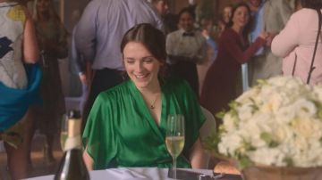 The dress is green satin-draped George (Charlotte Ritchie) in Feel Good (S01E03)