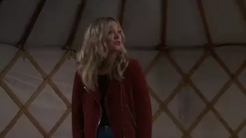 Red Suede Jack­et worn by Rebecca (Abby Elliott) in Indebted Season 1 Episode 8