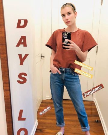 Ag Jeans Ex petit Ami High Rise Slim Jeans porté par Emma Roberts, Instagram Histoire le 28 Mars 2020