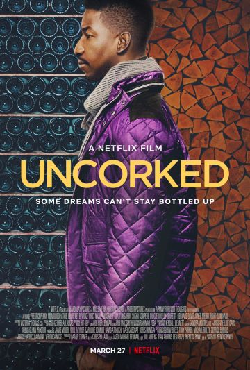 The quilted jacket purple gloss of Elijah (Mamoudou Athie) on the poster of the movie Netflix the taste of The wine / Uncorked