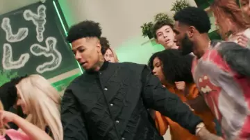 Balenciaga logo detail quilted bomber jacket worn by Blueface in his Holy Moly music video with NLE Choppa 