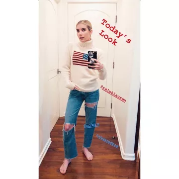 Re/Done High Waist Straight Ripped Jeans worn by Emma Roberts Instagram Stories April 8, 2020
