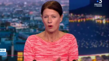 Le pull manches courtes à col bateau en maille jaspée fantaisie de Carole Gaessler dans 19/20 le 02.04.2020