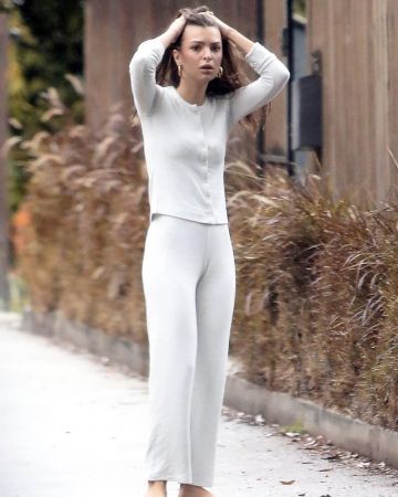Leset Lori Pocket Pant in Cloud worn by Emily Ratajkowski Los Angeles April 10, 2020