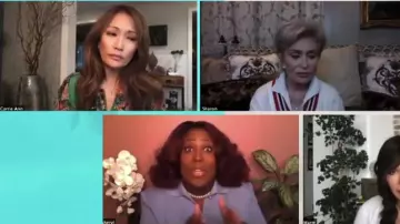 Alice + olivia Bow Neck Mixed Print Blouse worn by Carrie Ann Inaba on The Talk April 10, 2020