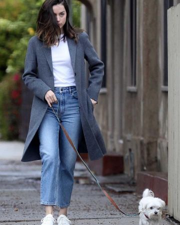 Theory Suffolk Coat in Double Face Cashmere worn by Ana de Armas Walking Her Dog April 11, 2020