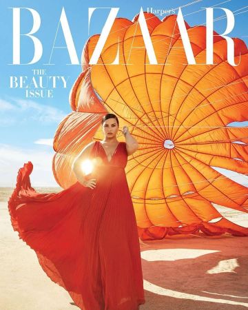 The evening gown in georgette pleated red Valentino Demi Lovato on the cover of Harper's Bazaar The Beauty Issue'