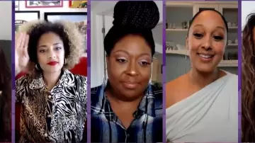 Liquorish Mi­di Shirt Dress in Mixed Tiger Print worn by Amanda Seales on The Real April 15, 2020