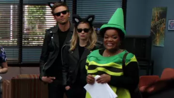Black leather motorcycle jacket worn by Britta Perry (Gillian Jacobs) in Community (S02E12)