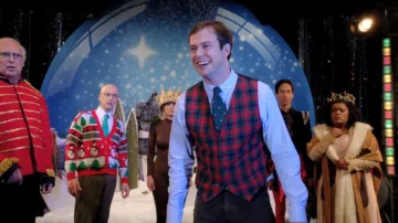 Red green tartan plaid vest worn by Mr. Radison (Taran Killam) in Community (S03E08)