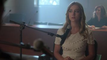 The white dress Maje worn by Carla (Ester Expósito) in Elite Season 3 Episode 1