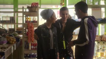 The long jacket black studded worn by Nadia (Mina El Hammani) in Elite Season 2 Episode 2