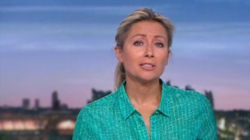 The shirt silk printed green of Anne-Sophie Lapix in The Log 20 hours of France 2