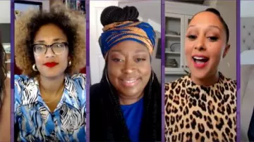 Alice + olivia Leop­ard Mock Neck Dress worn by Tamera Mowry on The Real April 21, 2020