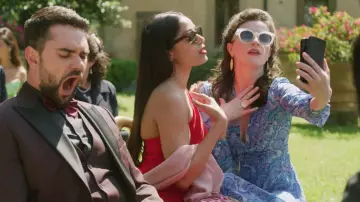 Red and black jacket worn by Rebecca (Aisling Bea) in Love Wedding Repeat