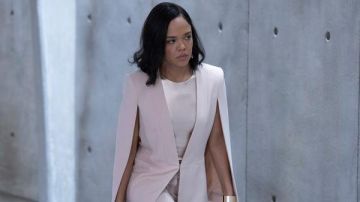 BCBG Upas Cape Jacket in pink worn by Charlotte Hale (Tessa Thompson) in Westworld (S03E01)