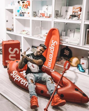 The pair of Nike Air Yeezy 2 Red October worn by Thibault Garcia on his account Instagram @thibaultgarcia