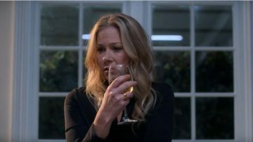 Black Satin Blouse worn by Jen Harding (Christina Applegate) in Dead to Me Season 2 Episode 1