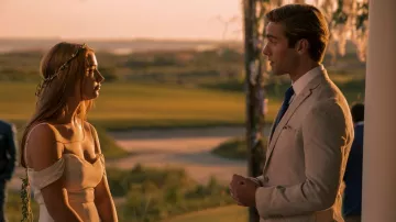 Reformation white off-the-shoulder dress worn by Sarah Cameron (Madelyn Cline) in Outer Banks (S01E05)