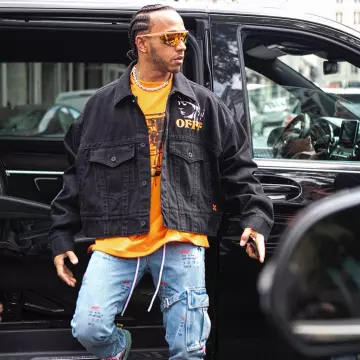 Off-White Black denim jacket worn by Lewis Hamilton at the Paris Fashion Week June 20, 2019