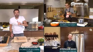 Suéter azul de Stéphane Bern en Tous en cocina con Cyril Lignac