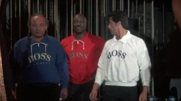 The sweatshirt white Hugo Boss Rocky Balboa (Sylvester Stallone) in Rocky 4  | Spotern