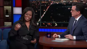 Black leather belt worn by Michelle Obama in The Late Show with Stephen Col­bert