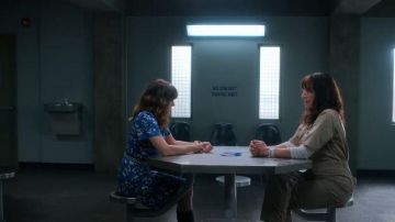 Vestido de botón floral azul usado por Judy Hale (Linda Cardellini) en Dead to Me Temporada 2 Episodio 10