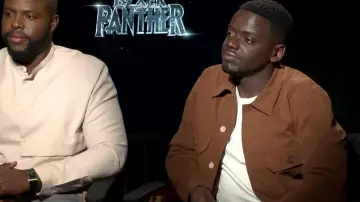 Brown denim jacket worn by Daniel Kaluuya in BLACK PANTHER Daniel Kaluuya & Winston Duke Interview YouTube video