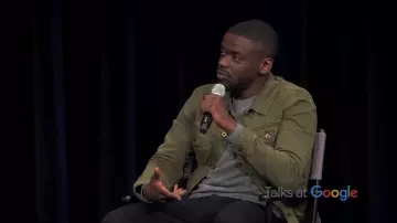 Khaki denim jacket worn by Daniel Kaluuya in Allison Williams, Daniel Kaluuya: "Get Out" | Talks at Google