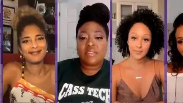 Theory Pol­ka-dot sleeve­less silk top worn by Tamera Mowry on The Real May 14, 2020