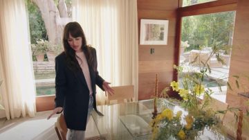 Blue long blazer worn by Dakota Johnson in Inside Dakota Johnson's Serene Hollywood Home | Open Door | Architectural Digest