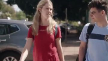 Red Graph­ic Tee worn by Sabine (Bridie McKim) in The Heights Season 2 Episode 7
