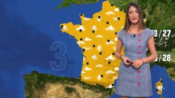 La robe bleue boutons roses de Virgilia Hess dans la Météo de BFMTV