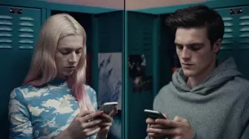 Blue top with angels worn by Jules Vaughn (Hun­ter Scha­fer) as seen in Euphoria (Season 1 Episode 3) 