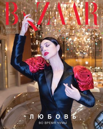 Black blazer with roses decoration on shoulders worn by Monica Bellucci on Harper's Bazaar Kazkhstan cover
