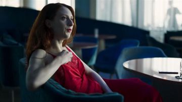 Red lace trimmed dress with tie belt worn by Adriana Clios (Roxane Duran) in Riviera (S02E06)