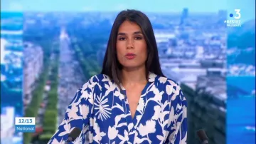 Le top imprimé à manches longues bleu électrique de Émilie Tran Nguyen dans 12/13 Journal de France 3 le 27.05.2020