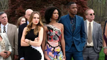 The black and white dress Thierry Mugler worn by Fallon Carrington (Elizabeth Gillies) at the wedding of her father in the series Dynasty, Season 1 Episode 1)