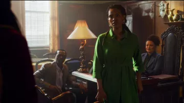 The dress green shirt worn by Thandeka Khumalo (Gail Nkoane Mabalane) in Blood & Water (S01E03)