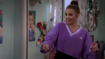 Purple Champion Oversized V-neck Cropped Sweatshirt worn by Alexa Mendoza (Paris Berelc) as seen in Alexa & Katie (Season 4 Episode 4)
