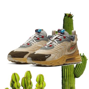 The pair of Nike Air Max 270 React ENG Travis Scott Cactus Trails on the account Instagram of @droplistapp
